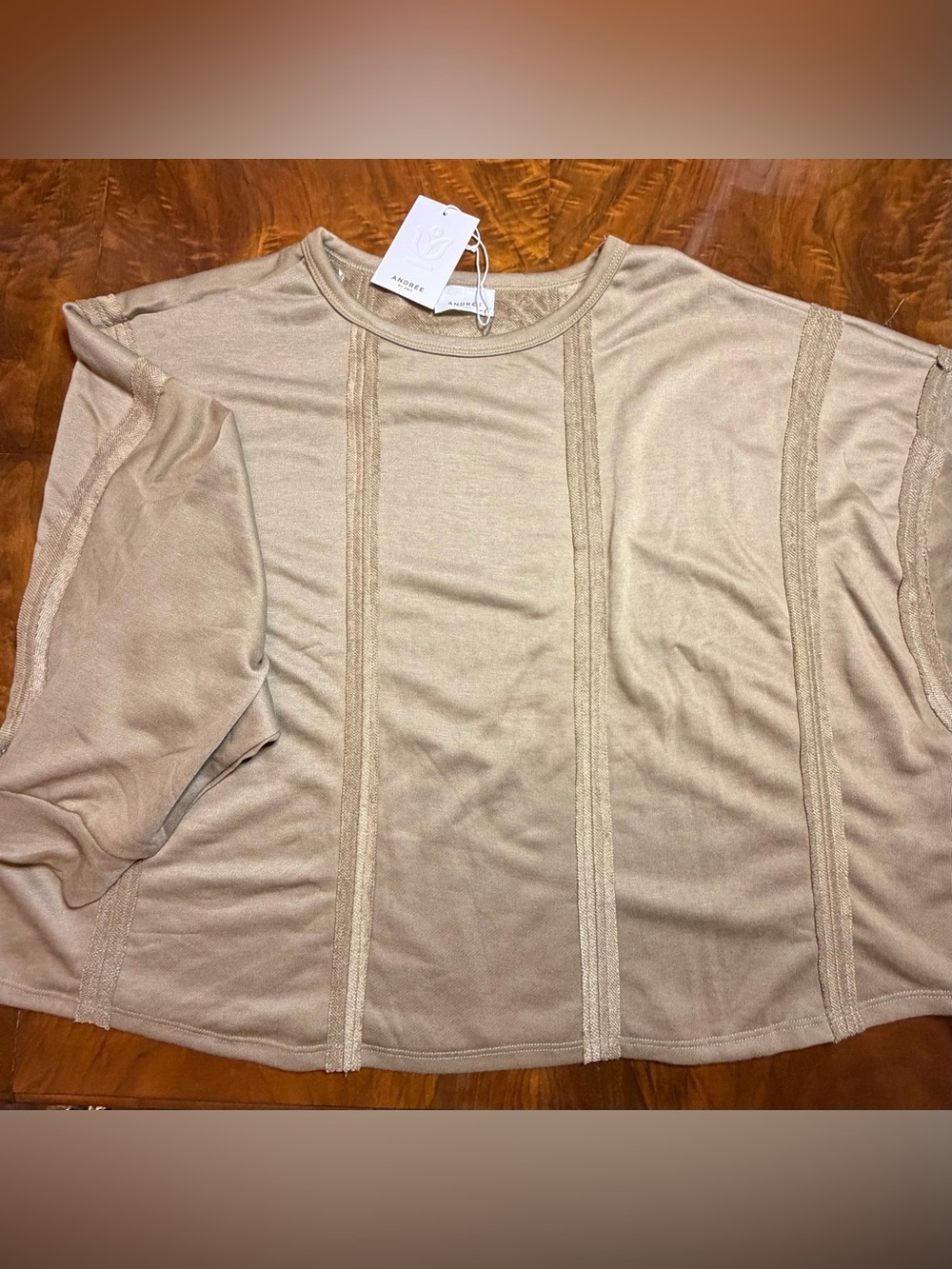 NWT Andrée by Unit M/L Taupe Oversized Boxy Top | Ladder Stitch Detail | Dolman